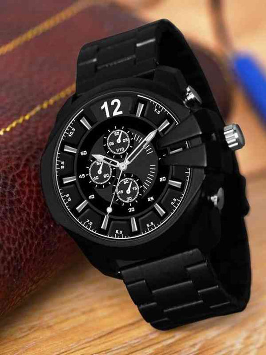 Premium Black Chronograph Analog Watch for Men | Stylish Metal Strap | Oversized Dial - For Men